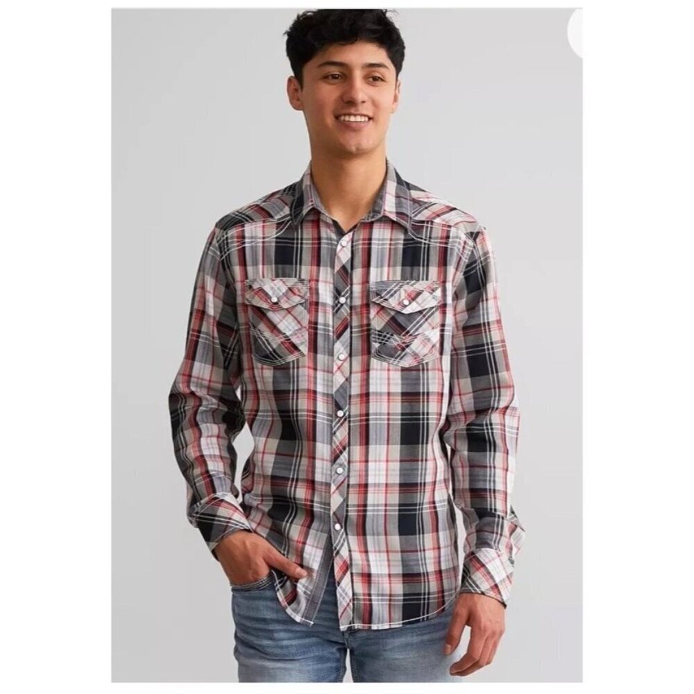Buckle BKE Pearl Snap Shirt Mens Medium Red Plaid Slim Fit Western Cowboy Casual - Picture 1 of 4